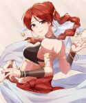 1girl armlet bell braid braided_ponytail crop_top earrings fire_emblem fire_emblem:_the_sacred_stones highres hoop_earrings jewelry jingle_bell long_hair looking_at_viewer lutomi red_eyes red_hair smile tethys_(fire_emblem) wristband 