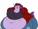  2018 4:3 anthro batspid2 big_breasts biped black_clothing black_eyebrows black_eyelashes black_topwear blep blue_clothing blue_topwear bottomwear breasts cleavage clothed clothing denim denim_clothing digital_drawing_(artwork) digital_media_(artwork) double_chin ear_piercing eyebrows female fingers_on_face flash_emanata flat_colors furgonomics furry-specific_piercing green_eyes hair half-length_portrait horn huge_belly huge_breasts huge_thighs hyper hyper_hips hyper_thighs jacket jeans kobold laura_reeves midriff morbidly_obese morbidly_obese_anthro morbidly_obese_female navel non-mammal_breasts obese obese_anthro obese_female overweight overweight_anthro overweight_female pants pattern_clothing pattern_topwear piercing pink_tongue plaid plaid_clothing plaid_topwear portrait purple_body purple_scales red_hair scales scalie shirt signature simple_background solo striped_horn stripes tail tail_piercing thick_thighs tongue tongue_out topwear torn_bottomwear torn_clothing trans_(lore) trans_woman_(lore) white_background white_fangs 