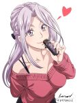  1girl artist_name baron_(varon666) bra_strap braid breasts candy chocolate chocolate_bar cleavage collarbone food fuuto_tantei heart highres kamen_rider kamen_rider_w large_breasts lips long_hair looking_at_viewer purple_eyes purple_hair red_sweater simple_background smile solo sweater tokime_(fuuto_tantei) twitter_username upper_body very_long_hair white_background 
