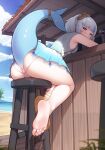  1girl absurdres ai-assisted anus ass ass_focus backless_panties bar_stool barefoot beach beach_house between_toes blue_eyes blue_hair blue_sky breasts cameltoe cloud cocktail_glass commentary commission cup dress drinking_glass english_commentary feet fins fish_tail full_body gawr_gura gawr_gura_(3rd_costume) gladiator_sandals gradient_dress greco-roman_clothes grey_hair highleg highleg_panties highres hololive hololive_english horizon jewel_under_eye laurel_crown leaning_forward looking_at_viewer looking_to_the_side merrytail multicolored_hair no_panties ocean official_alternate_costume outdoors palm_leaf panties sandals shark_girl shark_tail single_barefoot single_sandal sitting sky small_breasts soles solo stool streaked_hair tail tail_raised thighs toes toga uncensored underwear variant_set virtual_youtuber water white_dress white_panties 