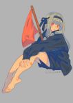  1girl alternate_costume arms_on_knees bandaid bandaid_on_leg barefoot black_headband black_jacket black_shorts blue_hair blush brbr_vrvr commentary_request dated feet flag from_side full_body grey_background hair_intakes headband highres invisible_chair jacket knees_up kotonoha_aoi legs looking_at_viewer looking_to_the_side low_tied_sidelocks outstretched_arms own_hands_together red_eyes red_flag short_shorts shorts sidelocks signature simple_background sitting solo toenails toes track_jacket v_arms voiceroid 