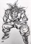  1boy boots clenched_hands commentary crosshatching dougi dragon_ball dragon_ball_z draw_with_aid english_commentary full_body furrowed_brow greyscale hatching_(texture) highres male_focus marker_(medium) monochrome muscular muscular_male open_mouth serious signature solo son_goku squatting traditional_media video_crop wristband 