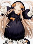  1girl abigail_williams_(fate) black_bow black_dress black_headwear blonde_hair bloomers blue_eyes blush bow breasts dress fate/grand_order fate_(series) forehead hair_bow hat highres long_hair long_sleeves looking_at_viewer open_mouth orange_bow parted_bangs ribbed_dress sleeves_past_fingers sleeves_past_wrists small_breasts smile solo sumi_(gfgf_045) underwear white_bloomers 