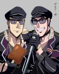  1-nichi_gaishutsuroku_hanchou 2boys alternate_costume black-framed_eyewear black_choker black_coat black_eyes black_gloves black_headwear boned_meat cabbie_hat chain choker chuukan_kanriroku_tonegawa closed_mouth coat commentary cosplay ensemble_stars! expressionless food gloves grey_background grin half_gloves hand_on_another&#039;s_shoulder hat highres holding holding_food holding_microphone_stand kaiji looking_at_viewer looking_down male_focus meat medium_bangs microphone_stand miyamoto_hajime multiple_boys otogari_adonis otogari_adonis_(cosplay) satou_(ultrmngrtsrt) short_hair simple_background smile sunglasses translation_request upper_body yamazaki_kenji 