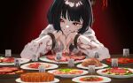  1girl black_hair blood cannibalism chef coat food grin highres limbus_company long_sleeves looking_at_viewer meat ootachi plate project_moon red_eyes red_ribbon ribbon ryoshu_(project_moon) short_hair smile solo table white_coat y0ru73 
