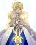  1girl ahoge armor artoria_pendragon_(fate) artoria_pendragon_(lancer)_(fate) blonde_hair blue_dress breastplate cape commentary_request crown dress excalibur_(fate/stay_night) fate/grand_order fate_(series) fur_collar green_eyes hair_between_eyes highres nayu_tundora sidelocks solo white_background white_cape white_fur 
