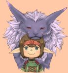  1boy avatar_(ff11) blue_eyes brown_hair cactus41747280 closed_mouth cross-laced_clothes detached_sleeves fenrir_(final_fantasy) final_fantasy final_fantasy_xi hairband highres horns long_pointy_ears looking_at_viewer orange_background orange_ribbon pointy_ears red_hairband red_horns ribbon ribbon_trim short_hair simple_background single_horn smile solo summoner_(final_fantasy) tarutaru wolf yellow_pupils yellow_sleeves 