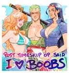  1boy 2girls absurdres arm_up bikini bikini_top_only black_hair blue_sky blush breasts cleavage closed_mouth cloud cloudy_sky cowboy_shot deliciest denim earrings english_text green_hair green_shirt hand_on_own_hip high_collar highres holding holding_paper holding_sword holding_weapon jeans jewelry large_breasts long_hair looking_at_viewer midriff multiple_girls nami_(one_piece) navel nico_robin one_eye_closed one_piece open_clothes open_mouth pants paper red_hair red_sash roronoa_zoro sash scar scar_across_eye scar_on_chest shirt short_hair sky smile sparkle swimsuit sword teeth upper_teeth_only weapon zipper 
