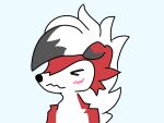  ambiguous_gender anthro blush canid canine fur generation_7_pokemon hair lycanroc mammal midnight_lycanroc naky nintendo pokemon pokemon_(species) red_body red_fur solo white_hair 