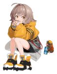  1girl ahoge arknights can cement_(arknights) commentary_request grey_hair hair_intakes hard_hat helmet highres holding holding_can jacket kegani_(kegani01) mole_(animal) shoes short_hair simple_background sitting white_background yellow_eyes yellow_jacket 