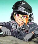  1girl blonde_hair eyes_visible_through_hair gloves grey_gloves grey_jacket grin hat jacket looking_at_viewer military_hat military_jacket military_uniform mizumori_keiichi multicolored_hair nazi nikaidou_saki officer orange_hair peaked_cap red_eyes scar scar_on_face smile solo ss_uniform streaked_hair teeth uniform zombie_land_saga 