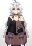  1girl :o ahoge asymmetrical_legwear black_shirt black_thighhighs boots cameltoe choker gradient_background grey_hair hair_between_eyes highres ia_(vocaloid) long_hair looking_at_viewer mismatched_legwear no_panties pantyhose purple_skirt shigure1213 shirt single_thighhigh skirt solo squatting thigh_strap thighhighs thighs vocaloid 