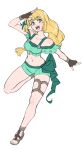  1girl absurdres bare_legs bare_shoulders bikini black_gloves blonde_hair breasts english_commentary fingerless_gloves fire_emblem fire_emblem:_three_houses fire_emblem_heroes full_body gloves green_bikini green_eyes green_shorts grimmelsdathird highres ingrid_brandl_galatea long_hair looking_at_viewer medium_breasts navel off-shoulder_bikini off_shoulder official_alternate_costume open_mouth sandals short_shorts short_sleeves shorts simple_background smile solo stomach swimsuit thighs very_long_hair white_background 