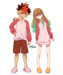  1boy 1girl blonde_hair brother_and_sister brown_hair glasses gradient_hair green_hair multicolored_hair ochi_marco ohdo_yuamu ohdo_yuhi pajamas purple_eyes red_hair shorts siblings simple_background slippers twins twitter_username white_background yu-gi-oh! yu-gi-oh!_go_rush!! 