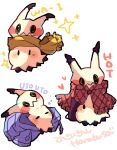  animal_focus artist_name commentary_request english_commentary hanabusaoekaki highres jacket mimikyu multiple_views no_humans pokemon pokemon_(creature) purple_jacket red_scarf scarf simple_background solid_oval_eyes sparkle wavy_mouth white_background yellow_scarf 