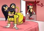  absurd_res anthro armadillo bedroom_eyes big_breasts black_hair blush breasts butt clothing duo felid feline female fur gloves hair handwear hi_res honey_the_cat male male/female mammal mighty_the_armadillo narrowed_eyes oni_senpai_art seductive sega smile sonic_the_fighters sonic_the_hedgehog_(series) surprise surprised_expression teasing xenarthran yellow_body yellow_fur 