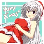  1girl :d aqua_background asagi_nanami bare_arms black_panties blush border breasts christmas clothes_lift commentary_request dracu-riot! dress dress_lift dutch_angle elena_olegovna_owen eyebrows_hidden_by_hair eyelashes fur-trimmed_dress fur_trim grey_hair hair_between_eyes hat large_breasts lifted_by_self long_hair looking_at_viewer merry_christmas open_mouth panties panty_peek red_eyes santa_dress santa_hat short_dress simple_background smile solo strapless strapless_dress underwear very_long_hair white_border white_fur 