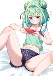  1girl bare_arms bare_legs bare_shoulders blue_shorts blush camisole cellphone closed_mouth collarbone commentary_request dongchuan double_bun drawstring feet_out_of_frame flat_chest flying_sweatdrops green_camisole green_hair hair_bun hair_ornament highres holding holding_phone hololive midriff navel phone red_eyes short_hair short_shorts shorts sitting skull_hair_ornament smartphone solo spaghetti_strap spread_legs uruha_rushia v-shaped_eyebrows virtual_youtuber 