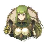  1girl armor blush breastplate commentary cropped_torso dress fire_emblem fire_emblem:_shadow_dragon_and_the_blade_of_light green_dress green_eyes green_hair long_hair looking_to_the_side meziosaur palla_(fire_emblem) shoulder_armor simple_background solo upper_body very_long_hair white_background 
