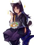  1girl :d animal_ears arknights black_hair bowl chopsticks distr dog_ears dog_girl dog_tail elbow_gloves fingerless_gloves food gloves highres holding holding_bowl holding_food infection_monitor_(arknights) japanese_clothes kimono long_hair noodles open_mouth pants parted_bangs puffy_pants purple_gloves purple_pants ramen saga_(arknights) short_sleeves simple_background single_elbow_glove single_fingerless_glove single_glove sitting smile solo sparkle sparkling_eyes tail tail_wagging white_background 