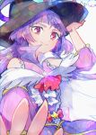  1girl black_headwear cure_magical cure_magical_(alexandrite_style) earrings frills hand_on_headwear hat highres itomugi-kun izayoi_liko jewelry long_hair magical_girl mahou_girls_precure! pink_eyes precure purple_hair smile solo witch_hat 
