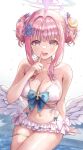  1girl :d bare_arms bare_shoulders bikini blue_archive blush breasts cleavage collarbone crescent crescent_hair_ornament double_bun hair_bun hair_ornament halo hand_up highres jinsoulsan large_breasts long_hair looking_at_viewer low_wings mika_(blue_archive) navel open_mouth pink_hair pool sidelocks smile solo swimsuit thigh_strap thighs underboob water wet white_bikini wings yellow_eyes 