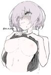 1girl blush breasts clothes_lift embarrassed fate/grand_order fate_(series) highres kaita_(mokamilkcup) lifted_by_self looking_up mash_kyrielight medium_breasts nipples purple_eyes purple_hair shirt_lift short_hair simple_background sketch solo sweat upper_body white_background 