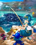  1girl black_footwear blue_eyes blue_hair blue_pants blue_sailor_collar bright_pupils commentary_request cooler day dive_ball fishing fishing_rod flip-flops food hairband highres holding holding_fishing_rod holding_food lana_(pokemon) looking_to_the_side lure_ball luvdisc magikarp mouth_hold no_sclera one-piece_swimsuit orange_mikan outdoors pants poke_ball pokemon pokemon_(creature) pokemon_(game) pokemon_sm popplio psyduck pyukumuku sailor_collar sandals sandwich shirt short_hair sitting sleeveless sleeveless_shirt slowpoke swimsuit swimsuit_under_clothes water white_pupils white_shirt wishiwashi wishiwashi_(solo) yellow_hairband 