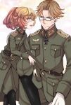  1boy 1girl :d belt black_footwear blonde_hair blue_eyes boots brown_eyes brown_hair character_request closed_mouth cross glasses gloves green_jacket green_pants hal_(goshujinomocha) highres iron_cross jacket long_hair long_sleeves looking_at_another military military_jacket military_uniform open_mouth pants pants_tucked_in ponytail short_hair smile tanya_degurechaff uniform white_gloves youjo_senki 