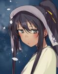  1girl black_hair cloud cloudy_sky grey_eyes hair_ribbon long_hair looking_to_the_side night outdoors ponytail rance_(series) rance_ix ribbon russian_kalette shikosour sky snowflakes snowing solo 