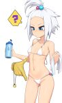  1girl ? absurdres ass_visible_through_thighs bikini blue_eyes bottle chikaretsu closed_mouth highres holding holding_bottle hypno pendulum pokemon roxie_(pokemon) simple_background spoken_question_mark standing swimsuit water_bottle white_background white_bikini white_hair 