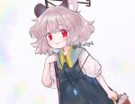  1girl animal animal_ears biyon black_dress blush closed_mouth dress grey_hair hair_between_eyes jewelry mouse mouse_ears nazrin pendant red_eyes short_hair short_sleeves simple_background smile solo touhou twitter_username upper_body white_background 