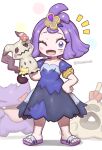  1girl acerola_(pokemon) blush domaguri dress flower full_body gengar hair_ornament hand_on_own_hip highres holding looking_at_viewer mimikyu notice_lines one_eye_closed open_mouth patchwork_clothes pokemon pokemon_(creature) pokemon_(game) pokemon_sm purple_hair red_flower sandals sandygast short_hair short_sleeves simple_background standing topknot twitter_username white_background 