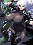  1girl black_bodysuit black_footwear black_jacket bodysuit boots bouncing_breasts breasts clenched_hand covered_collarbone covered_navel covered_nipples cropped_jacket floating_hair gloves glowing glowing_eye green_eyes grey_hair haganef hair_between_eyes highres jacket looking_to_the_side mecha open_mouth original partially_fingerless_gloves robot science_fiction skin_tight thigh_boots v-shaped_eyebrows yellow_eyes 