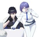  1boy 1girl aoi_(blue_archive) bakaking belt black_gloves black_hair black_shirt blue_archive blue_hair cropped_jacket glasses gloves high-waist_skirt highres jacket orange_eyes paper pointy_ears sensei_(blue_archive) shirt short_hair skirt white_background white_gloves white_jacket 