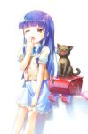  1girl backpack bag bag_removed black_cat blue_bow blue_bowtie blue_hair blue_skirt blunt_bangs bow bowtie cat collared_shirt covering_mouth feet_out_of_frame frilled_sleeves frills idolmaster idolmaster_cinderella_girls kawaseki long_hair one_eye_closed open_mouth randoseru red_bag red_eyes sajo_yukimi shirt short_sleeves skirt solo vest white_shirt yawning 