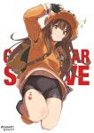  1girl bag brown_hair dolphin fingerless_gloves gloves guilty_gear guilty_gear_strive hat heart highres holding hood hoodie long_hair may_(guilty_gear) orange_eyes orange_headwear orange_hoodie orange_shirt pirate_hat shirt showhey!! skull_and_crossbones solo 