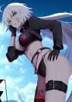  1girl :o ahoge ashino_moto bikini black_bikini black_gloves blue_sky cloud commentary_request cropped_jacket day fate/grand_order fate_(series) gloves hand_on_own_hip highres jeanne_d&#039;arc_alter_(fate) jeanne_d&#039;arc_alter_(swimsuit_berserker)_(fate) long_hair navel o-ring open_mouth outdoors sky solo stomach swimsuit thigh_strap very_long_hair white_hair yellow_eyes 