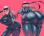 1girl absurdres ass bandana bent_over black_bandana black_bodysuit black_gloves bodysuit breasts cigmaier cosplay curvy gloves harness highres hololive hololive_english huge_ass large_breasts long_hair metal_gear_(series) metal_gear_solid mori_calliope multiple_views pink_background pink_hair red_eyes serious skin_tight solid_snake solid_snake_(cosplay) thick_thighs thighs virtual_youtuber wide_hips 