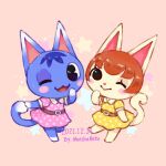  2girls ;&gt; ;d animal_crossing artist_name belt belt_buckle black_eyes blush blush_stickers brown_belt brown_hair buckle cat_girl closed_mouth collared_dress commentary dated dress english_commentary felicity_(animal_crossing) furry furry_female hand_up looking_at_viewer matchaneko multiple_girls one_eye_closed open_mouth pink_background pink_dress polka_dot polka_dot_dress rosie_(animal_crossing) short_sleeves simple_background smile star_(symbol) yellow_dress 