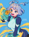  1girl :d blue_bodysuit blue_eyes bodysuit boku_no_hero_academia energy gloves green_bodysuit hadou_nejire hand_up highres looking_at_viewer multicolored_bodysuit multicolored_clothes nns146 official_alternate_hair_length official_alternate_hairstyle open_mouth short_hair smile solo superhero teeth upper_teeth_only v v_over_eye yellow_gloves 