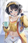  1girl absurdres animal_hood bird black_hair blue_eyes blurry blurry_background breasts chick cleavage cup dots duck_hood hair_ornament hand_in_own_hair headband highres holding holding_cup hololive hood hoodie jacket midriff mug oozora_subaru oozora_subaru_(7th_costume) open_mouth polka_dot red_ribbon ribbon rykysd shirt smile solo two_side_up virtual_youtuber yellow_jacket yellow_shirt 