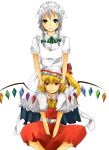  2girls adapted_costume apron ascot between_legs blonde_hair blue_hair blue_skirt braid buttons closed_mouth collared_shirt crystal feet_out_of_frame flandre_scarlet frilled_apron frilled_sleeves frills grey_hair hand_between_legs hands_on_another&#039;s_cheeks hands_on_another&#039;s_face izayoi_sakuya light_smile looking_at_viewer maid maid_apron maid_headdress medium_hair multicolored_wings multiple_girls nagusa74 orange_hair puffy_short_sleeves puffy_sleeves red_skirt red_vest shirt short_sleeves simple_background skirt skirt_set touhou twin_braids v_arms vest white_apron white_background white_shirt wings yellow_ascot 
