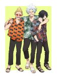  3boys arm_around_shoulder bags_under_eyes bandaid bandaid_on_face bandaid_on_nose black_footwear black_hair black_pants blonde_hair blue_eyes boku_no_hero_academia border checkered_footwear closed_mouth collared_shirt commentary_request eraser_head_(boku_no_hero_academia) full_body grey_hair hawaiian_shirt highres looking_at_viewer looking_to_the_side loud_cloud male_focus multicolored_shirt multiple_boys open_mouth orange_shirt pants present_mic red-tinted_eyewear rnuyvm sandals shirt short_sleeves teeth tinted_eyewear toenails white_border white_footwear 