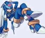  1girl armor blue_eyes bodystocking boots breasts crossed_legs gloves hand_on_headwear helmet high_heel_boots high_heels leviathan_(mega_man) light_smile looking_at_viewer medium_breasts mega_man_(series) mega_man_x_(series) mega_man_x_dive mega_man_zero_(series) phfr3843 sitting thigh_boots white_background 