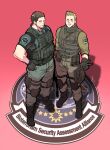  2boys absurdres black_gloves black_hair boots brown_hair bulletproof_vest chris_redfield closed_mouth english_text facial_hair gloves green_pants green_shirt highres knee_pads kuconoms male_focus multiple_boys pants piers_nivans resident_evil resident_evil_6 shirt short_hair smile teeth v 