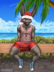  3:4 anthro biped blue_eyes bottomwear buckteeth bulge christmas christmas_clothing christmas_headwear clothed clothing cloud cracky ear_piercing ear_ring footwear hat headgear headwear holidays inner_ear_fluff lagomorph leporid looking_at_viewer male mammal open_mouth open_smile piercing plant rabbit red_bottomwear red_clothing red_shorts ring_piercing santa_hat shoes shorts smile smiling_at_viewer solo spooky_(boomwolf) teeth topwear tree tuft 