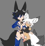  animal_ears animal_humanoid balls bargglesnatch-x1 blush brown_body brown_skin canid canid_humanoid canine canine_humanoid clothing crotch_tuft duo erection fox_humanoid fur genitals hair hi_res humanoid humanoid_genitalia humanoid_penis jackal_humanoid leggings legwear looking_at_another looking_at_partner looking_at_viewer male male/male mammal mammal_humanoid markings multi_tail nipples nude penis presenting presenting_penis pubes shorter_male simple_background size_difference smaller_male stockings tail touching_belly touching_chest touching_tail tuft white_body white_fur 
