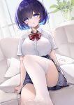  1girl :o absurdres blue_hair blush bow bowtie breasts couch cyan_(2723219252) gradient_hair highres honkai:_star_rail honkai_(series) knee_up large_breasts looking_at_viewer loose_bowtie multicolored_hair on_couch plaid plaid_skirt pleated_skirt purple_eyes purple_hair red_bow school_uniform seele_vollerei shirt short_hair short_sleeves signature sitting skirt solo thighhighs toes white_shirt white_thighhighs 