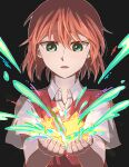  1girl absurdres collared_shirt delfuze expressionless green_eyes hands_up hatori_chise highres magic mahou_tsukai_no_yome medium_hair open_mouth red_hair shirt short_sleeves solo star_(symbol) sweater upper_body 